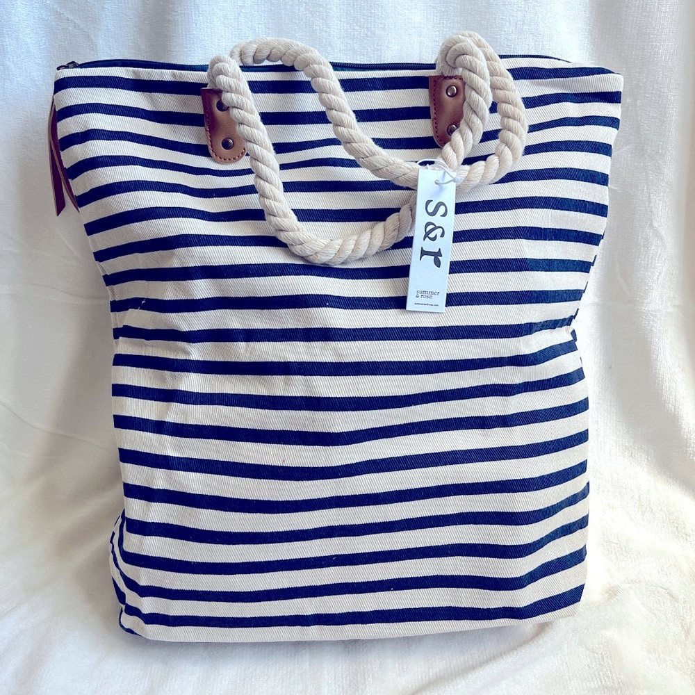 Summer & Rose Brittany Blue and Cream Striped Tote Beach Bag with Zipper Closure